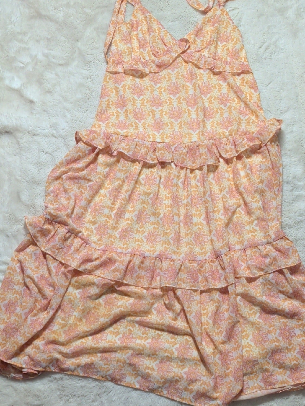 Women’s Pink and Cream Floral Midi Dress - Sleeveless Ruffle Tiered Style